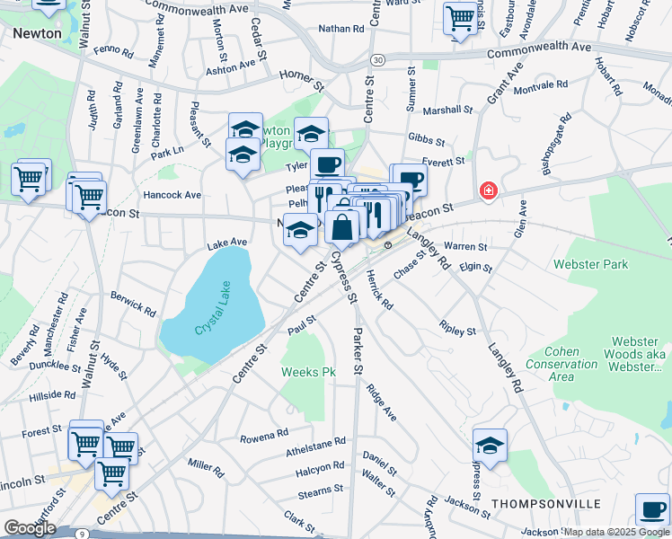 map of restaurants, bars, coffee shops, grocery stores, and more near 35 Cypress Street in Newton