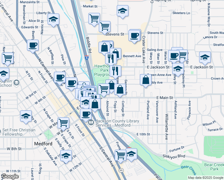 map of restaurants, bars, coffee shops, grocery stores, and more near 619 East Main Street in Medford