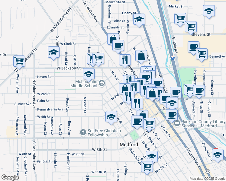 map of restaurants, bars, coffee shops, grocery stores, and more near 417 North Grape Street in Medford