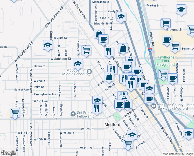 map of restaurants, bars, coffee shops, grocery stores, and more near 303 West 2nd Street in Medford