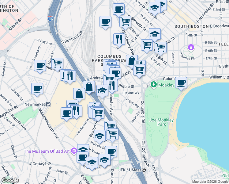 map of restaurants, bars, coffee shops, grocery stores, and more near 626 Dorchester Avenue in Boston
