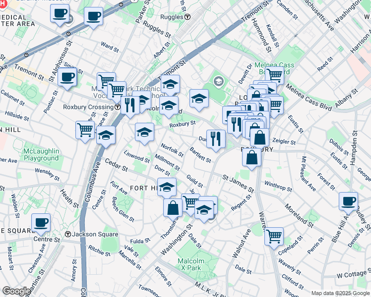 map of restaurants, bars, coffee shops, grocery stores, and more near 5 Lambert Avenue in Boston