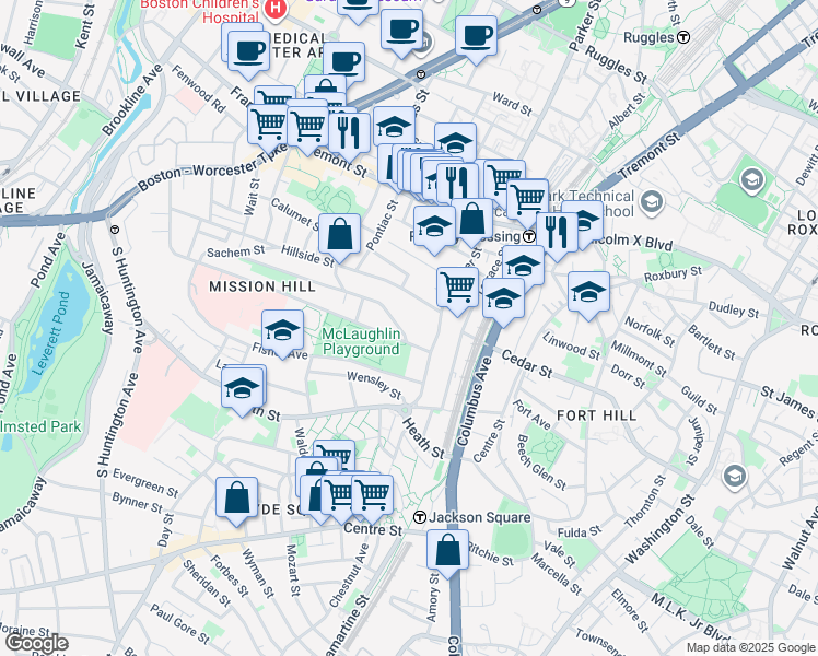 map of restaurants, bars, coffee shops, grocery stores, and more near 228 Calumet Street in Boston