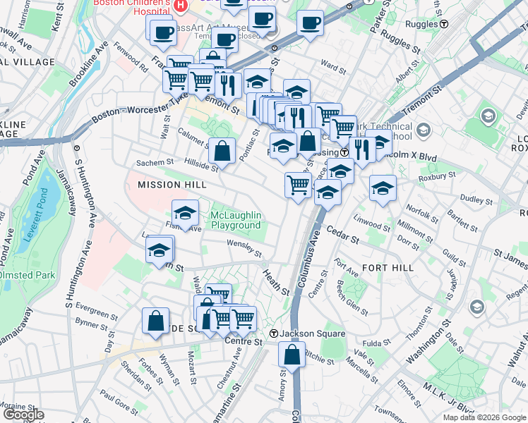 map of restaurants, bars, coffee shops, grocery stores, and more near 228 Calumet Street in Boston