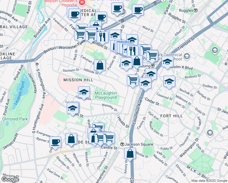 map of restaurants, bars, coffee shops, grocery stores, and more near 242 Parker Hill Avenue in Boston