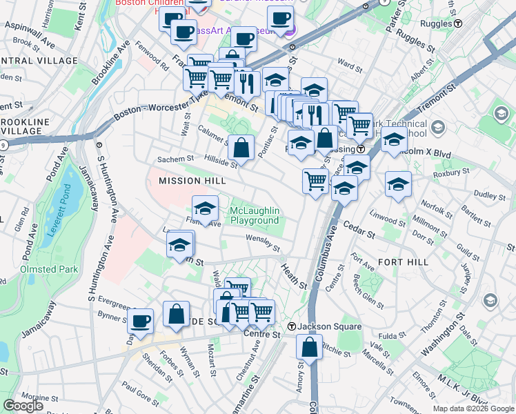 map of restaurants, bars, coffee shops, grocery stores, and more near 242 Parker Hill Avenue in Boston
