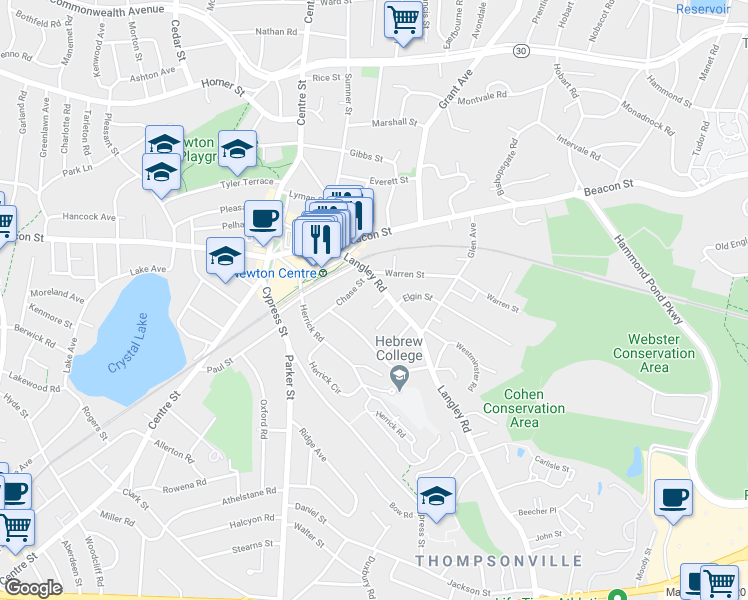 map of restaurants, bars, coffee shops, grocery stores, and more near 123 Langley Road in Newton