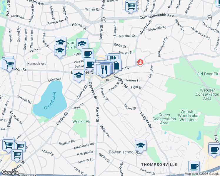 map of restaurants, bars, coffee shops, grocery stores, and more near 42 Chase Street in Newton