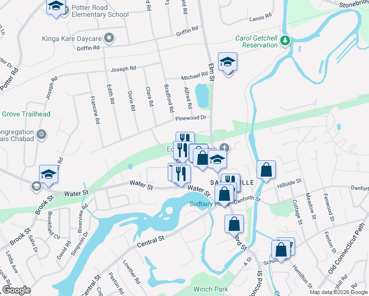 map of restaurants, bars, coffee shops, grocery stores, and more near 61 Nicholas Road in Framingham