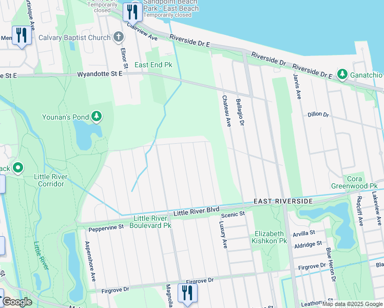 map of restaurants, bars, coffee shops, grocery stores, and more near in Windsor