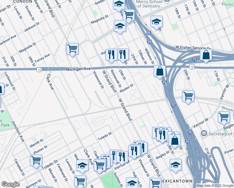 map of restaurants, bars, coffee shops, grocery stores, and more near 3832 Risdon Street in Detroit