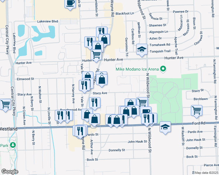 map of restaurants, bars, coffee shops, grocery stores, and more near 6200 North Wayne Road in Westland