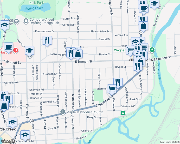 map of restaurants, bars, coffee shops, grocery stores, and more near 136 North Broad Street in Battle Creek