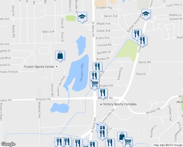 map of restaurants, bars, coffee shops, grocery stores, and more near 7240 North Alpine Road in Loves Park