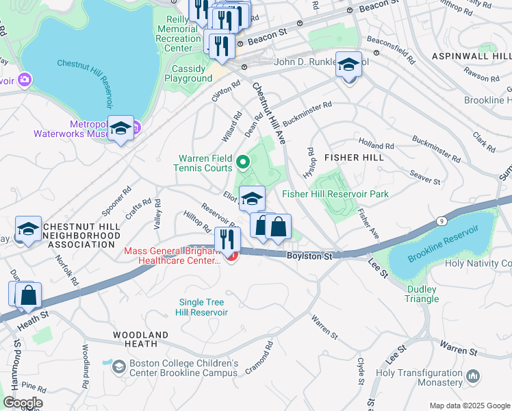 map of restaurants, bars, coffee shops, grocery stores, and more near 57 Ackers Avenue in Brookline