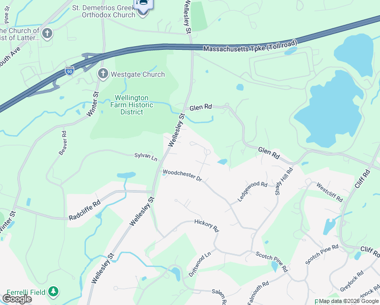 map of restaurants, bars, coffee shops, grocery stores, and more near 36 Pond Brook Circle in Weston