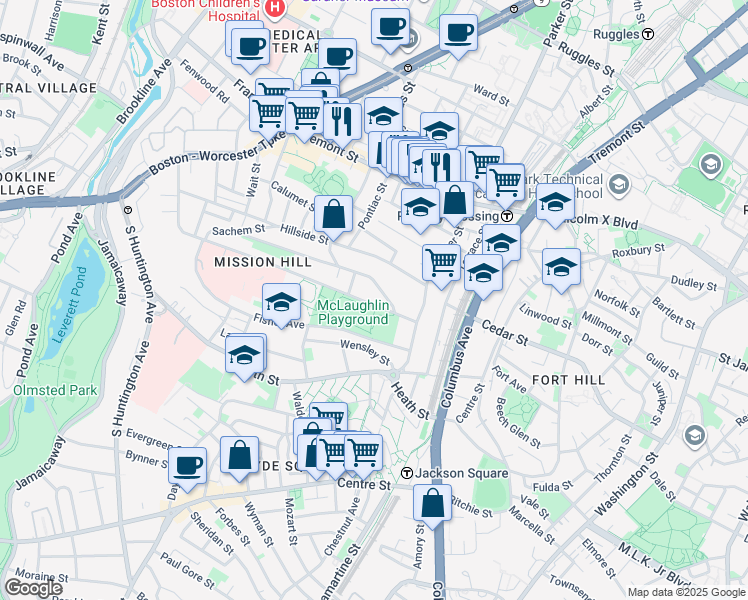 map of restaurants, bars, coffee shops, grocery stores, and more near 242 Parker Hill Avenue in Boston