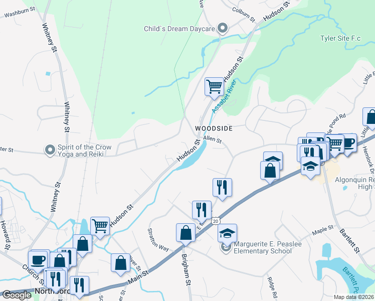 map of restaurants, bars, coffee shops, grocery stores, and more near 177A Hudson Street in Northborough