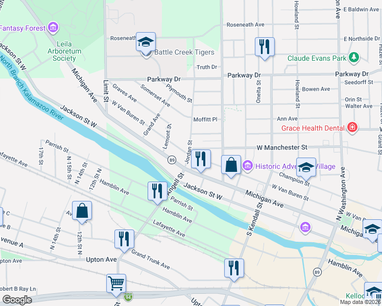 map of restaurants, bars, coffee shops, grocery stores, and more near 20 Jordan Street in Battle Creek