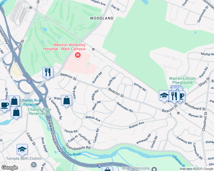 map of restaurants, bars, coffee shops, grocery stores, and more near 1887 Beacon Street in Newton