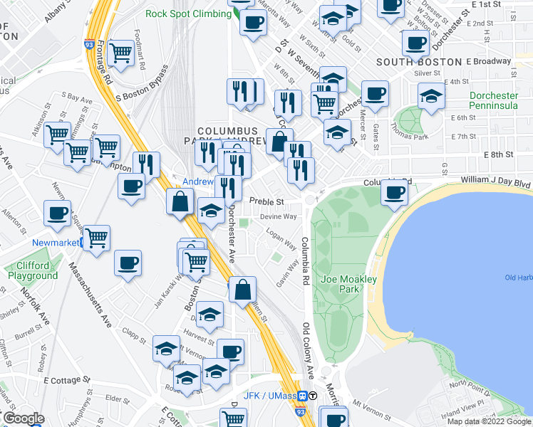 map of restaurants, bars, coffee shops, grocery stores, and more near in Boston