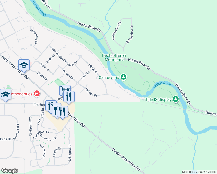 map of restaurants, bars, coffee shops, grocery stores, and more near 7002 Ulrich Street in Dexter