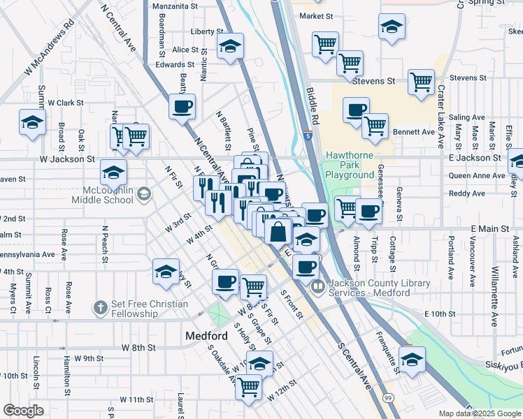 map of restaurants, bars, coffee shops, grocery stores, and more near 275 East 5th Street in Medford