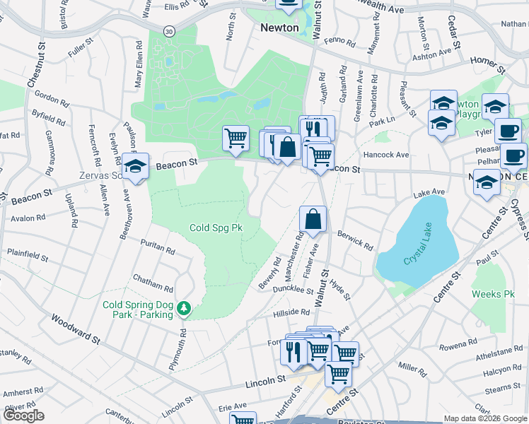 map of restaurants, bars, coffee shops, grocery stores, and more near 70 Beaconwood Road in Newton