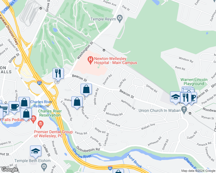 map of restaurants, bars, coffee shops, grocery stores, and more near 1925 Beacon Street in Newton