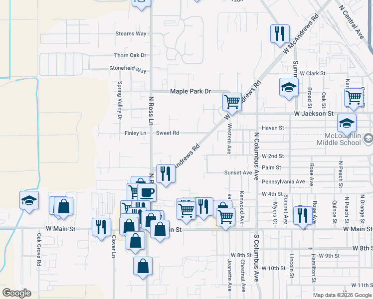 map of restaurants, bars, coffee shops, grocery stores, and more near 1180 West McAndrews Road in Medford