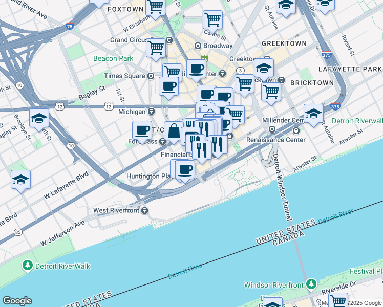 map of restaurants, bars, coffee shops, grocery stores, and more near 243 West Congress Street in Detroit