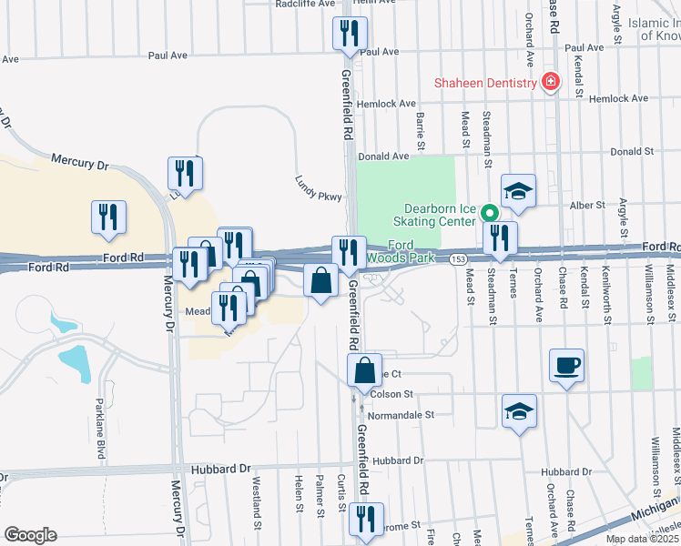 map of restaurants, bars, coffee shops, grocery stores, and more near 5575 Greenfield Rd in Dearborn