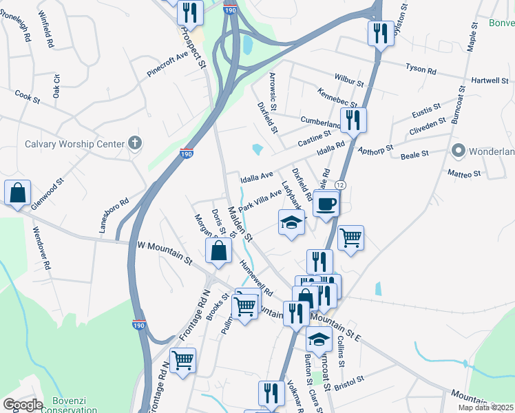 map of restaurants, bars, coffee shops, grocery stores, and more near 8 Park Villa Avenue in Worcester
