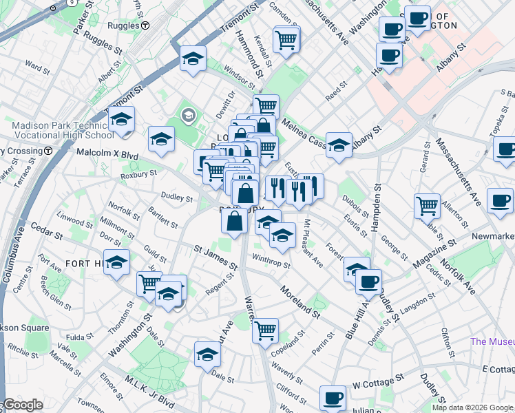 map of restaurants, bars, coffee shops, grocery stores, and more near 174 Dudley Street in Boston