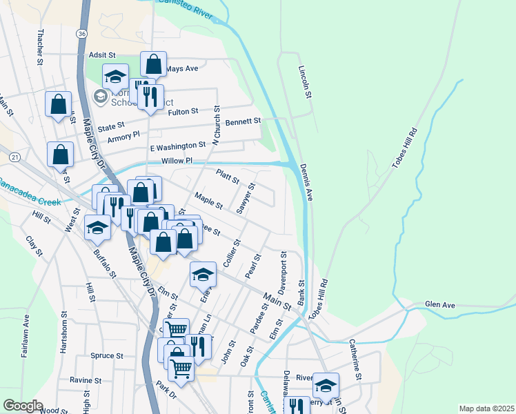 map of restaurants, bars, coffee shops, grocery stores, and more near 108 Maple Street in Hornell