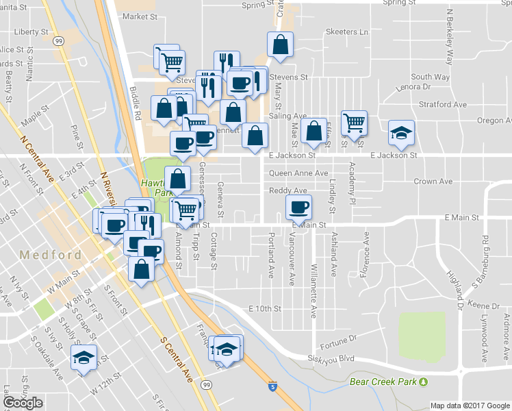 map of restaurants, bars, coffee shops, grocery stores, and more near 16 Crater Lake Avenue in Medford