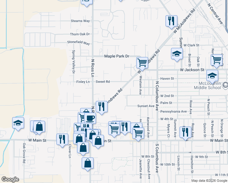 map of restaurants, bars, coffee shops, grocery stores, and more near 1180 West McAndrews Road in Medford