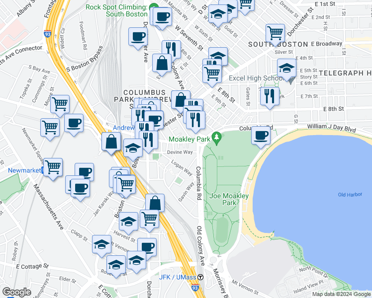 map of restaurants, bars, coffee shops, grocery stores, and more near 3 McDonough Way in Boston
