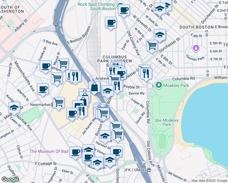 map of restaurants, bars, coffee shops, grocery stores, and more near 27-33 Boston Street in Boston
