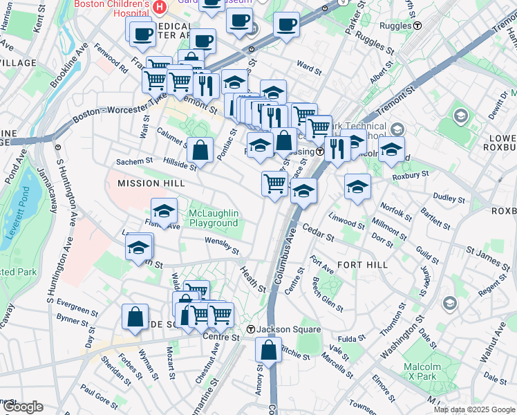 map of restaurants, bars, coffee shops, grocery stores, and more near 228 Calumet Street in Boston