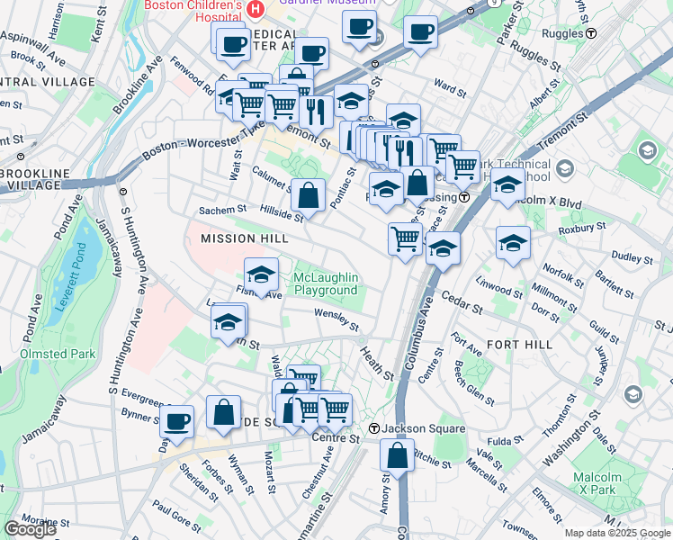 map of restaurants, bars, coffee shops, grocery stores, and more near 242 Parker Hill Avenue in Boston