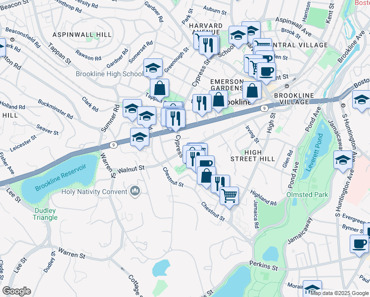 map of restaurants, bars, coffee shops, grocery stores, and more near 284 Walnut Street in Brookline