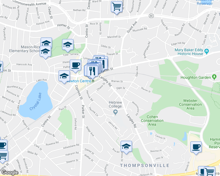 map of restaurants, bars, coffee shops, grocery stores, and more near 123 Langley Road in Newton