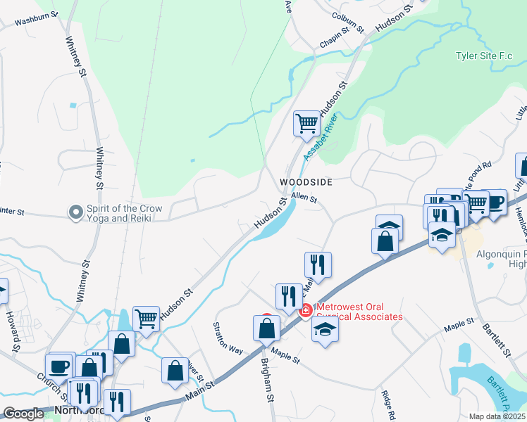 map of restaurants, bars, coffee shops, grocery stores, and more near 161 Hudson Street in Northborough