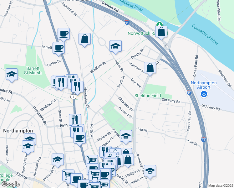 map of restaurants, bars, coffee shops, grocery stores, and more near 56 Grant Avenue in Northampton