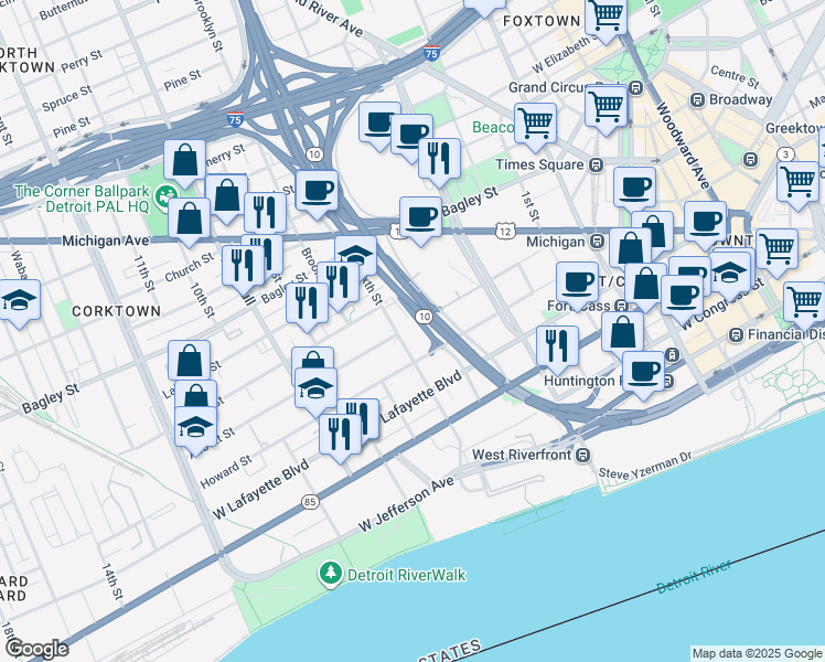 map of restaurants, bars, coffee shops, grocery stores, and more near 1200 Sixth Street in Detroit