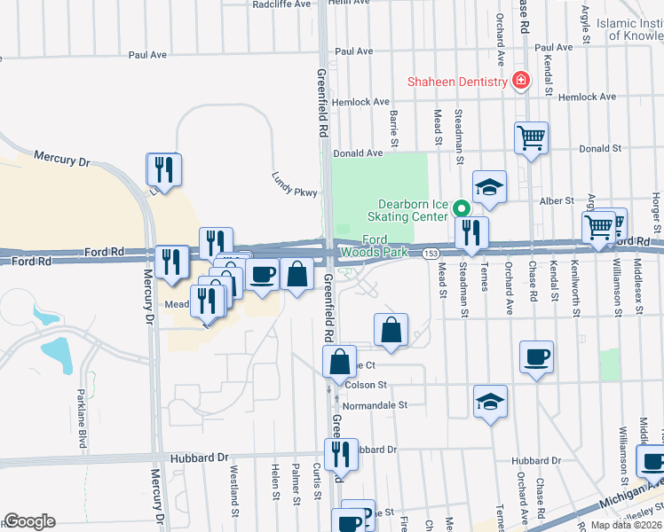 map of restaurants, bars, coffee shops, grocery stores, and more near 5575 Greenfield Road in Dearborn
