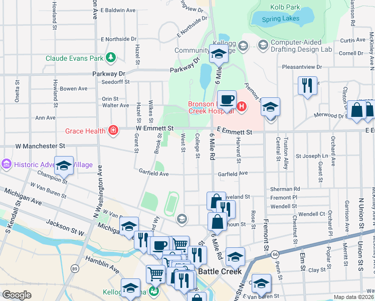 map of restaurants, bars, coffee shops, grocery stores, and more near 175 College Street in Battle Creek