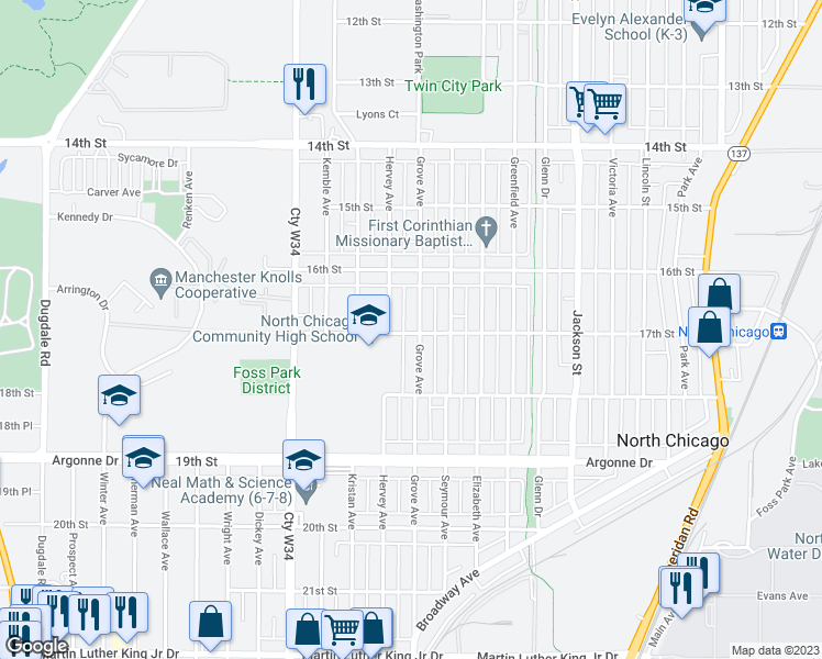 map of restaurants, bars, coffee shops, grocery stores, and more near 1616 17th Street in North Chicago