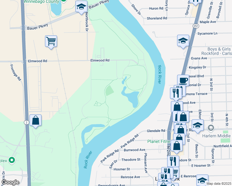 map of restaurants, bars, coffee shops, grocery stores, and more near 1288 Elmwood Road in Rockford